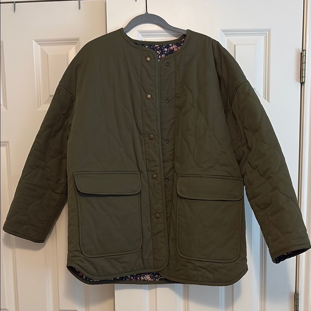 Sezane Feral Jacket, Reversible, Olive Green & Floral Quilted Jacket
